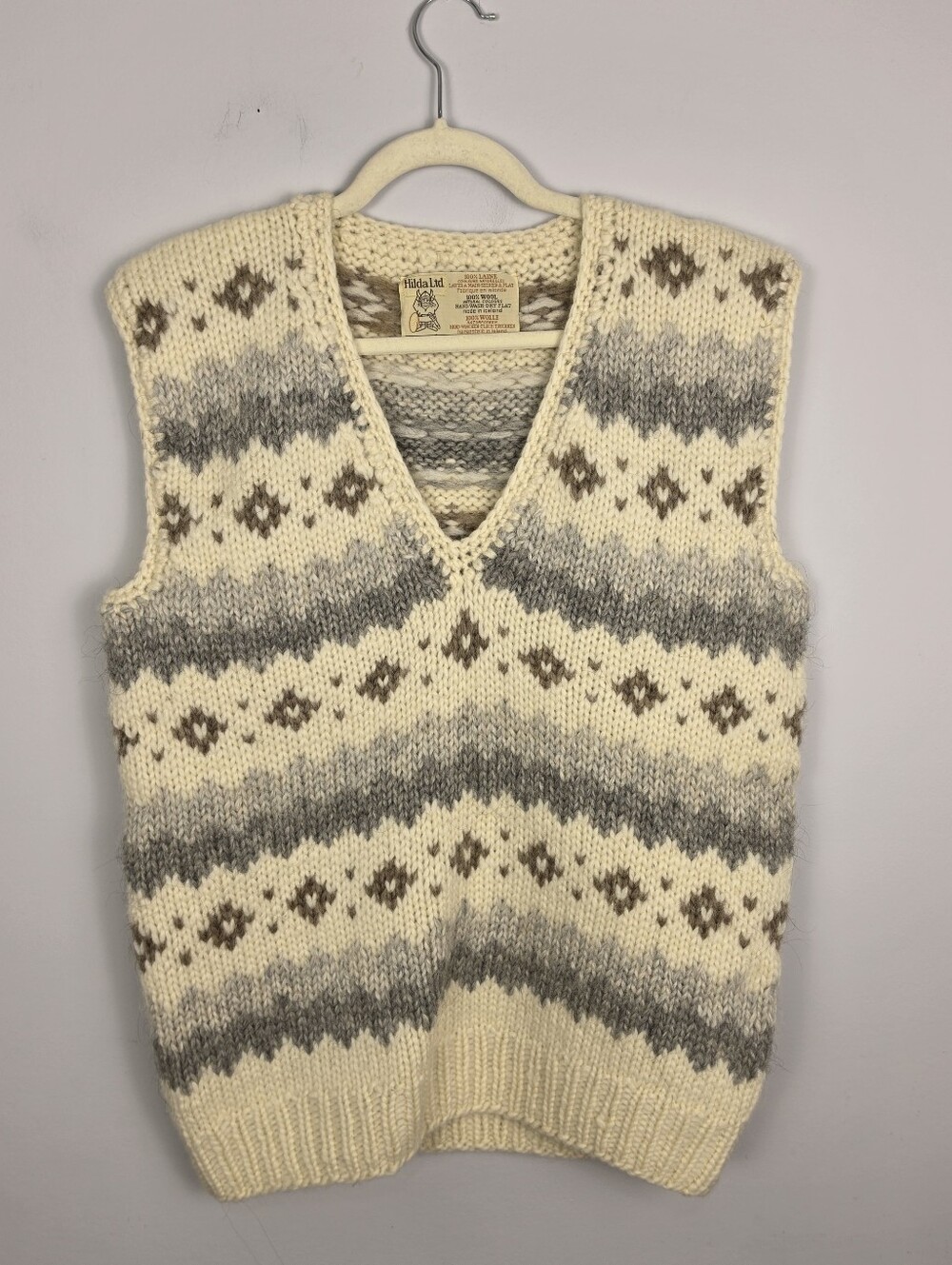 VTG Hilda Ltd Iceland 100% Pure Wool Knit Sweater Vest Mens M Fair Isle Geometri